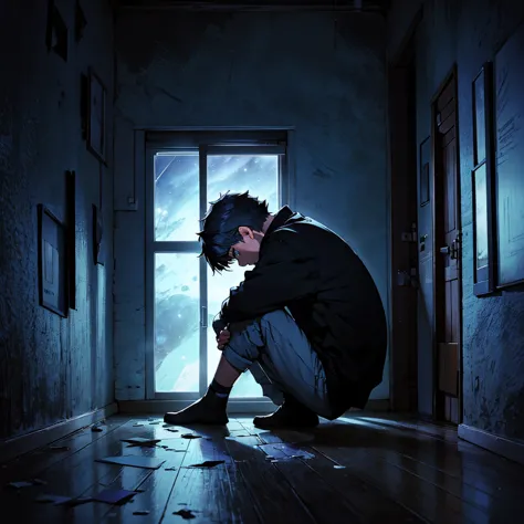 a teenage boy with a broken heart, in a room at night, looking out the window at the night sky.