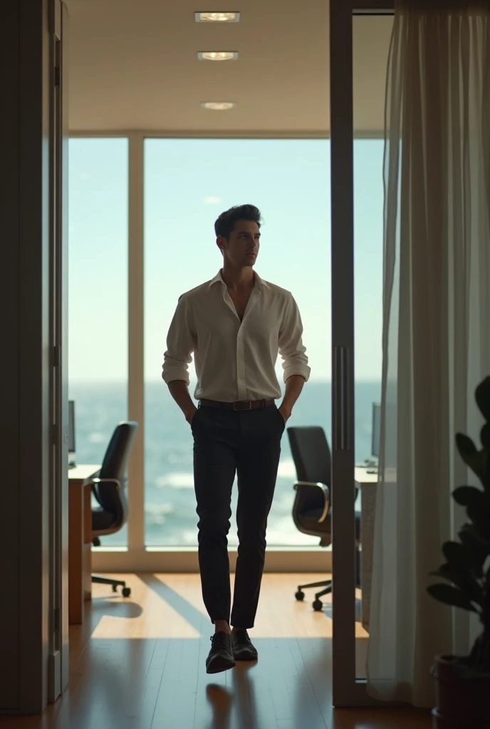 Local: Advertising agency . 
Advertising man , of coasts , linen shirt,  enters the co-workers office , 25 years old, sitting in the board chair , and look at him .  Only the bosss face appears
Realistic Cinematic 
Ratio 16:9
