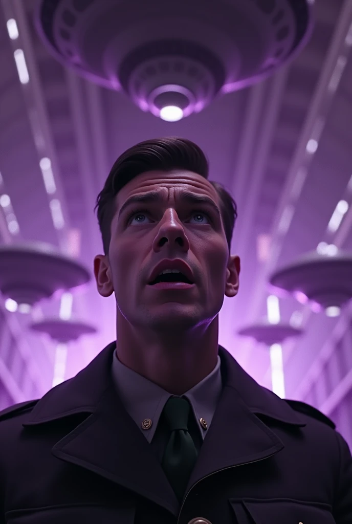 1940s, a close up of a scared 1940 soldier in a huge sci fi hangar with rows of large ufos, (((( very dimmed purple lights ))))