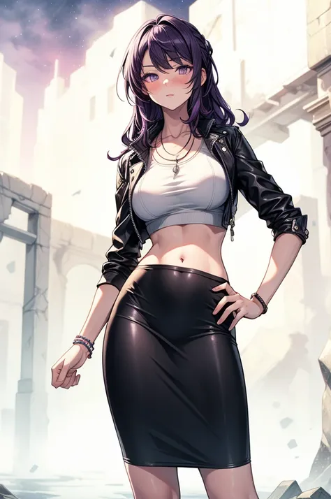 ((masterpiece, best quality:1.3, high detail)), beautiful serious woman, looking at viewer, long wavy hair, (dark purple hair), hairpin, bright purple eyes, light blush, (crop top and leather jacket), (long black pencil (skirt)), long black skirt, midriff,...