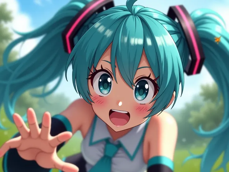 miku vocaloid singer with large blue hair, chasing mosquitos, close view