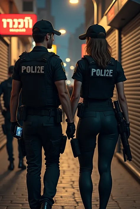  Create a detailed night scene in an Israeli urban environment ,  with two police officers highlighted .  Both wear tactical black uniforms with badges and badges .  One is holding a tablet while the other is carrying a rifle on the back Both are sexy and ...