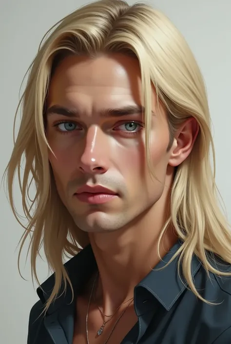 Make a realistic portrait of a blond man with light blue eyes and long, straight hair 