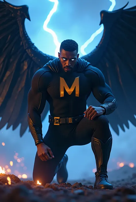 Black male very handsome muscular superhero.  Similar to Marvel character blue marvel. With a golden M on his chest and a black Ninja inspired suit with a hoodie. Hunched over with one knee on the ground against a glowing spectacular colorful blue light un...