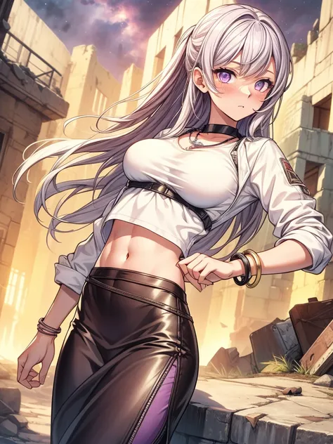 ((masterpiece, best quality:1.3, high detail)), beautiful serious woman, looking at viewer, long wavy hair, (dark purple hair), hairpin, bright purple eyes, light blush, (crop top and leather jacket), (long black pencil (skirt)), long black skirt, midriff,...