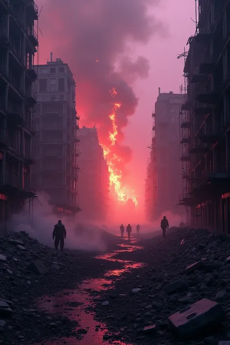 purple and black photograph of a city with a fire in the middle, destroyed city in the background, ominous apocalyptic background, in a ruined cityscape, background is a city in ruins, outdoors ruined cityscape, destroyed city, apocalyptic city backround, ...