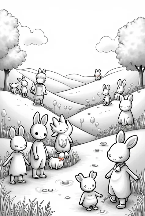 Picture is with dolls animals landscape for ren to paint. Only outlines of the black and white figures. s coloring like

