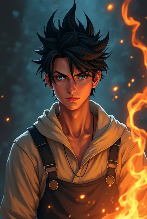 attractive young man,  black pointed hair detailed, fierce look,  blue eyes starspace ,  humble blacksmith clothing , towel on shoulders , cuerpo entero,  with sparks of fire around , 2d