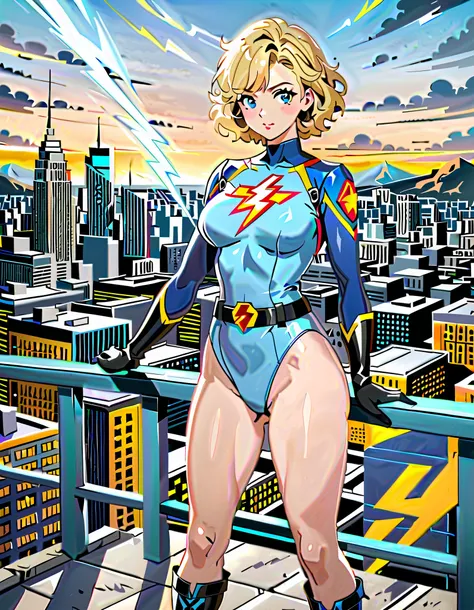 masterpiece, best quality, hires, 1girl, medium breasts, ((leotard, light blue leotard)), long sleeves, ((lighting bolt (emblem) on chest)), (bare legs), ((fastened tight belt)), black boots, matching boots, blue gloves, city backdrop, solo, single, standi...