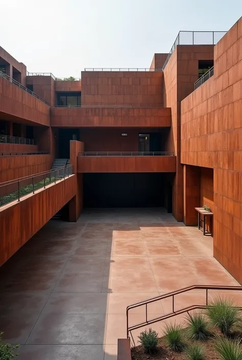  image in 6k architectural auditorium with corten steel cladding , with stage  , Courtyard view architecture with tiered buildings and interior fenced roof 