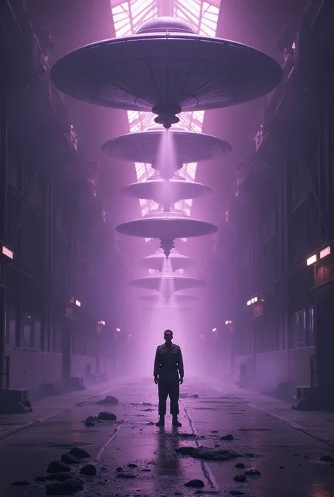 1940s, a scared 1940 soldier in a huge sci fi hangar with rows of large ufos, (((( very dimmed purple lights ))))