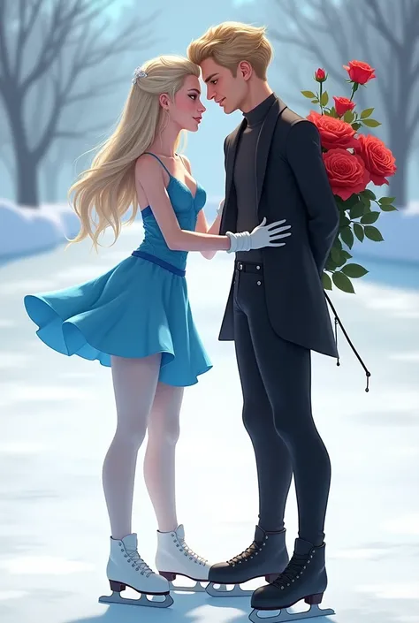 two people, A woman and a man, the girl is 20 years old, He is brown-haired and has a hairstyle in his hair and eyes as light blue as the sky,  she has a gentle and friendly look but this one would be ,  wears a blue ice skater outfit with Celeste and wear...