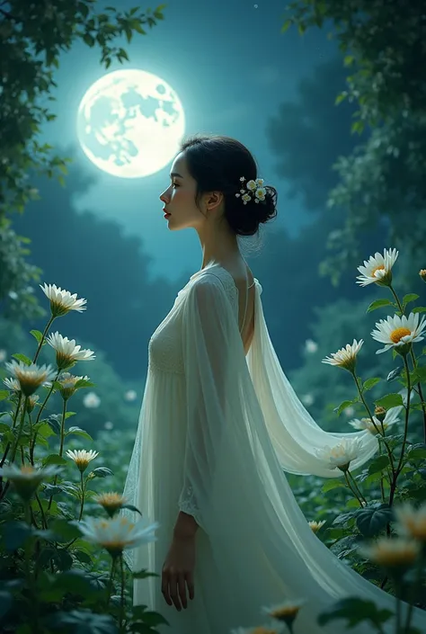  sea white flowers, green, moon, darkness, woman