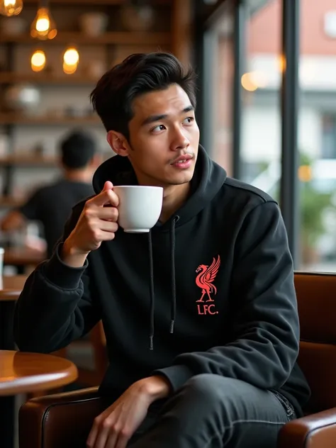  A handsome and sweet young man from Indonesia aged 27 , wearing a black Hoodie with a picture of the Liverpool logo .fc , black jeans Converse shoes sitting while enjoying a glass of coffee ,  looks the atmosphere in a coffee shop with some visitor activi...