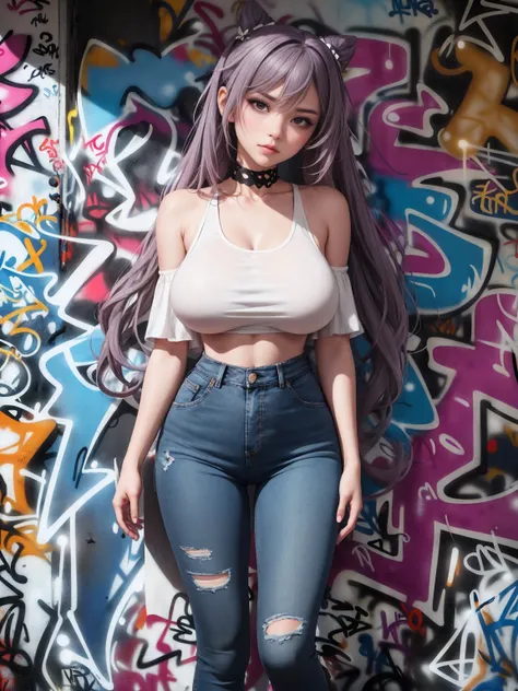 Keqing |genshin impact, master-piece, bestquality, 1girls,25 years old, proportional body, elongated legs, Beautiful, proportional., crop top, Long Jeans, gigantic breasts, ,bara, crop top, choker, (Graffiti:1.5), Splash with purple lightning pattern., arm...