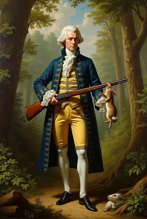 Louis XVI in the forest with a gun in his hand and in the other a rabbit he just hunted