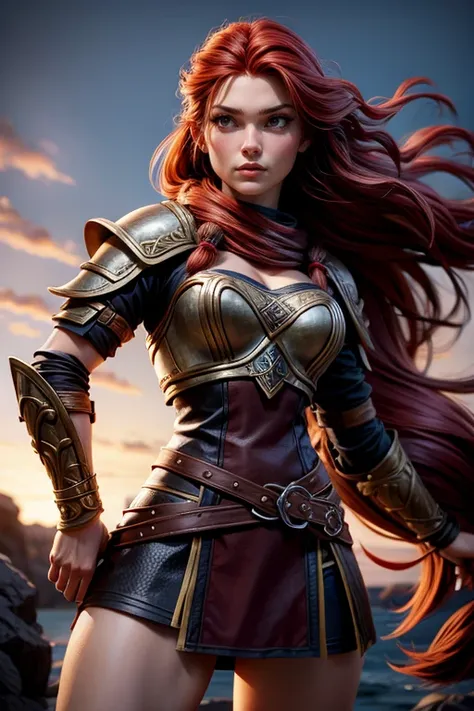  Young Viking woman , warrior,  long red hair tied in a single braid , front view,  amazonian body ,  woman wears leather armor with leather linings and Celtic and Nordic knots, fur skirt,  top quality ,  masterpiece, super detail,  lyrics,  Cinematic ligh...