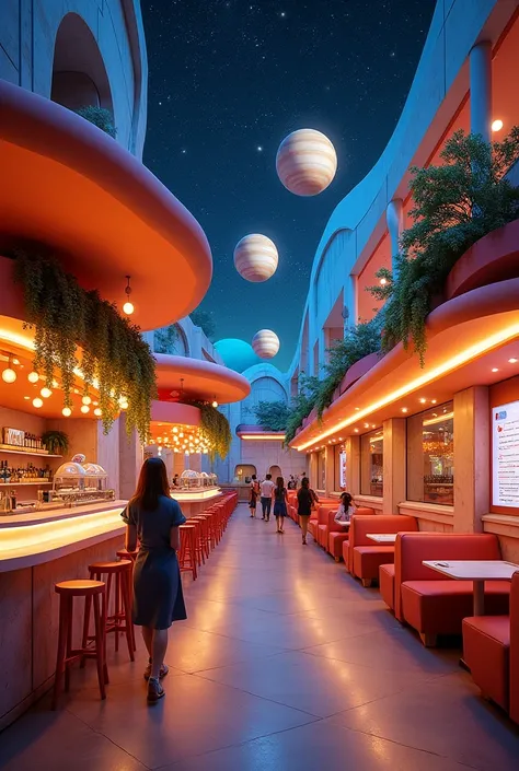 Create a food court for an astrology museum, simpler, muito simpler 
