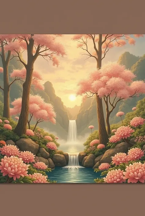 Taisho Retro、lacquer painting、 Japanese Garden、 no one、11 The city was enveloped in the glory of God、Shining like a jewel、Like Jasper〔Like crystal〕It was crystal clear.。 no one。Israel- Fantastic - Painting Style Waterfall Soft painting style Brightly color...