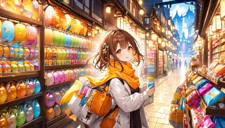 background：Old market 、 bright expressions full of curiosity 。  
expression：好奇心に満ちた bright expression。  
Costume： picking up products 。  
 pose： 、 looking around 。  
scene：( Brown-haired girl with headphones ), ( colorful stores lined up and bustling {x} e...