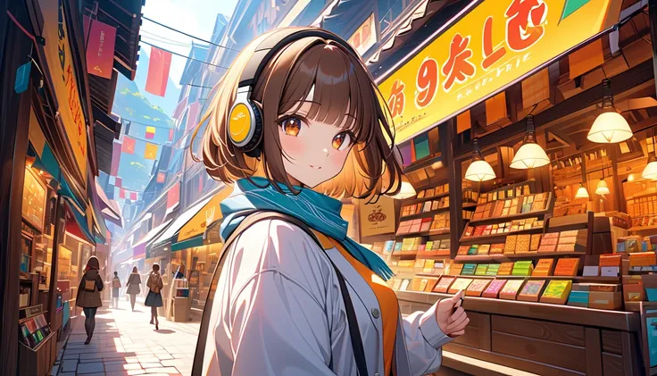 background：Old market 、 bright expressions full of curiosity 。  
expression：好奇心に満ちた bright expression。  
Costume： picking up products 。  
 pose： 、 looking around 。  
scene：( Brown-haired girl with headphones ), ( colorful stores lined up and bustling {x} e...