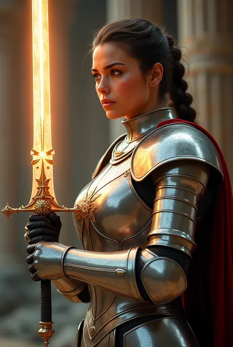 the beautiful tomboy women in the shining knight armor and her elegant holy excalibur sword in 8k quality 