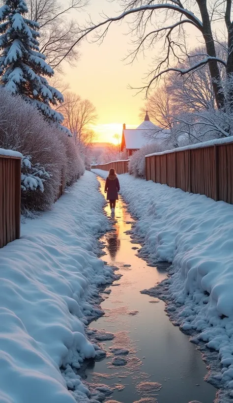 Snow-covered garden with melting ice puddles mirrors pale sunlight; broken wooden fence leans against a glowing, wintry orange horizon , pristine untouched snow meets treacherous mud; faint sunlight outlines a near-vertical slopes brutal climb.

Ocean curr...