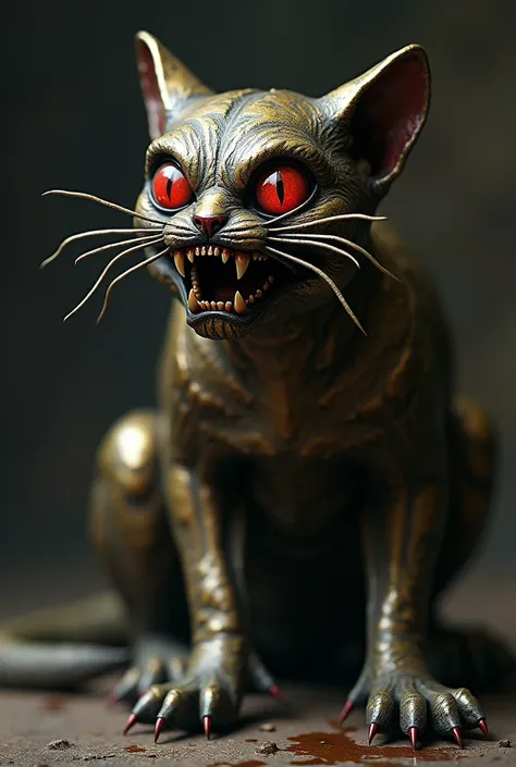 Grotesque bronze cat with red eyes and slime