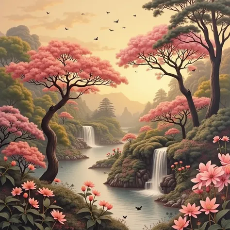 Taisho Retro、lacquer painting、 Japanese Garden、 no one、11 The city was enveloped in the glory of God、Shining like a jewel、Like Jasper〔Like crystal〕It was crystal clear.。 no one。Israel- Fantastic - Painting Style Waterfall Soft painting style Brightly color...