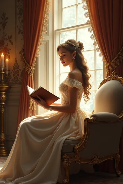 Princess in her room at the window with a book in her hands 