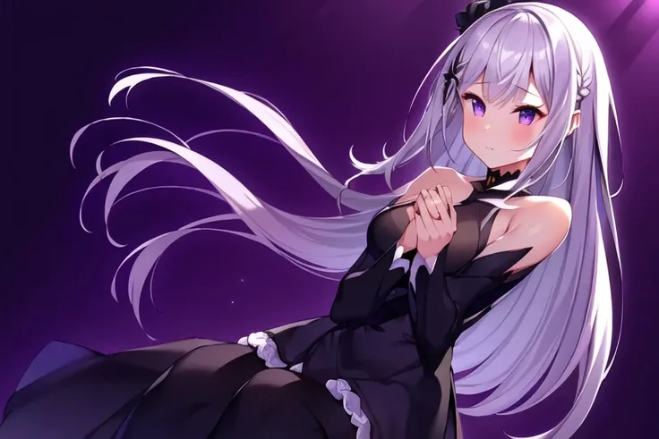 (masterpiece:1.2, best quality:1.2), 1 girl , solo, white hair, The ✳-hairpin is on the left, Long straight hairstyle, Dark-purple eyes, black clothes