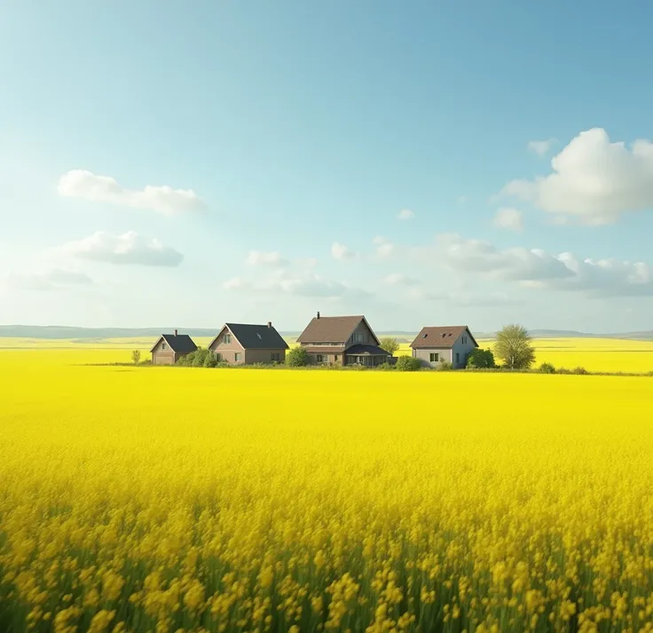 Some houses on a plain surrounded by mustard plains and with a landscape that is too beautiful