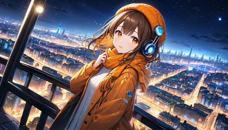 background： Night view seen from the observatory 、 The street lights in the distance are shining brightly 。  
expression： Watching the night view with your eyes shining brightly 。  
Costume：Coat and knitted hat 。  
 pose： Put your hands on the handrails on...