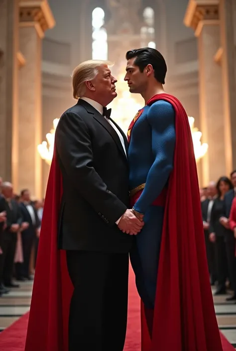 This is the wedding of Superman in St. Peters Basilica.Trump President of the United States wearing Tuxedo, Superman lift Trump in a princess way and fly on the church with Trump. Superman look Trump with love.Superman,a 30-year-old Tyler Hoechlin face, at...