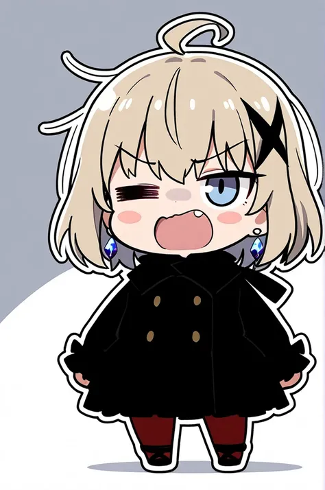  1 girl, whole body,  Chibi,  standing, Thick outline,=_=, masterpiece, best quality
shortcuts, Ahoge, Grey Hair,  Cover one eye with hair,   silver-haired,   Low Ponytail  ,   asymmetrical hairstyle ,   Thin Cyan Hair , Disheveled Hair、Gothic Lolita、 Crys...