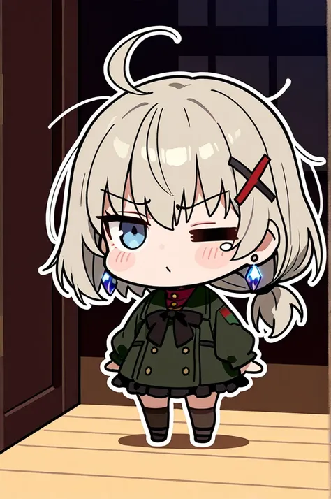  1 girl, whole body,  Chibi,  standing, Thick outline,=_=, masterpiece, best quality
shortcuts, Ahoge, Grey Hair,  Cover one eye with hair,   silver-haired,   Low Ponytail  ,   asymmetrical hairstyle ,   Thin Cyan Hair , Disheveled Hair、Gothic Lolita、 Crys...