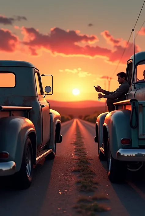 ( Deserted road at dusk .  Two classic trucks are parked side by side. The trucker friends , John and Peter,  are sitting in the dumpster of one of the trucks .  The sky is painted in shades of orange and pink .