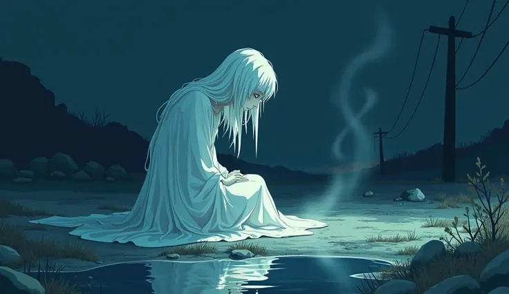  A few days later ,  The strange event happened again . While wandering ,  Kardo noticed that there was a woman in white sitting on an old puddle.  It was quietly bending over and seemed to be crying .  He approached to find out if it needed help . ake int...