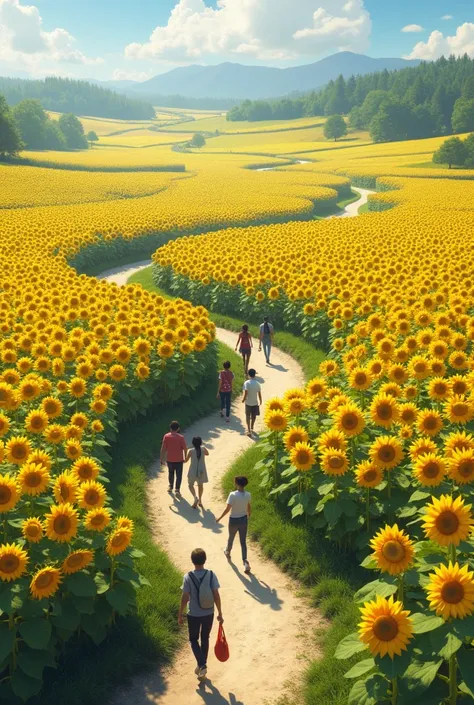 a land that is full of sunflowers with paths for people to visit the flowers and take pictures with them 