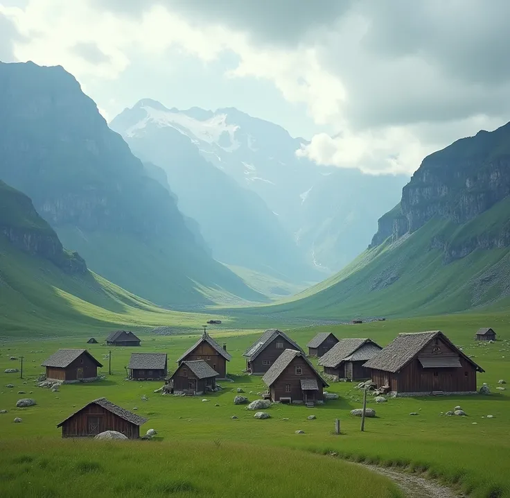 About 16 houses on a plain surrounded by mountains and with a very beautiful landscape,And with some light poles