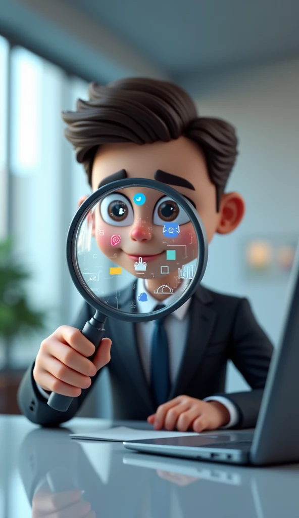 3d art marketer holding a magnifying glass with social media icons inside the magnifying glass