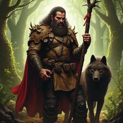 (photorealism:1.2), fierce and muscular male druid, in his 20s, holding a quarterstaff, chanting a spell, in woods, wearing leather armor having no cape or cloak, garments for wild items like plant parts, long curly hair, not trimmed short beard, outdoors,...