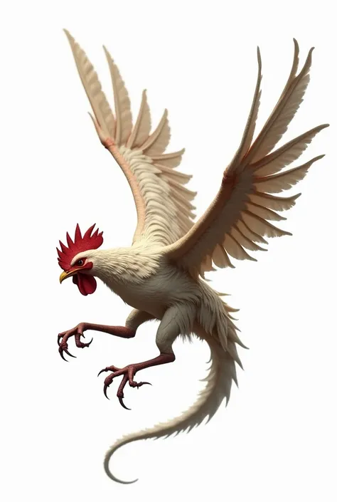 a rooster half dragon, long neck, wings with feathers, large talons, full body, diving pose, dynamic pose, bottom view, head position bottom of frame, forced perspective, dynamic movement, white background