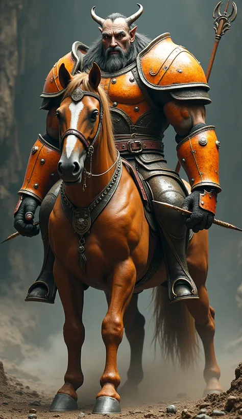 A character with half the body of a horse ,  and the other half the head of a giant warrior man,  carrying a bow and arrow in his hands,  orange armor,  Ultra realistic, ultra detailed.

