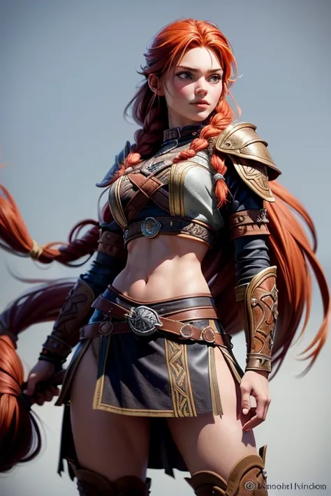  Young Viking woman , warrior,  long red hair tied in a single braid , front view,  amazonian body ,  woman wears leather armor with leather linings and Celtic and Nordic knots, fur skirt,  top quality ,  masterpiece, super detail,  lyrics,  Cinematic ligh...