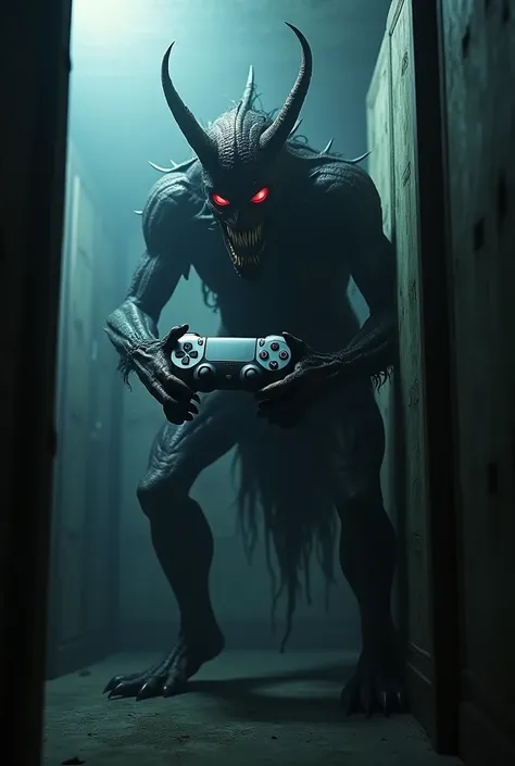 Scary demon or creature in a dark room holding a playstation 5 controller 