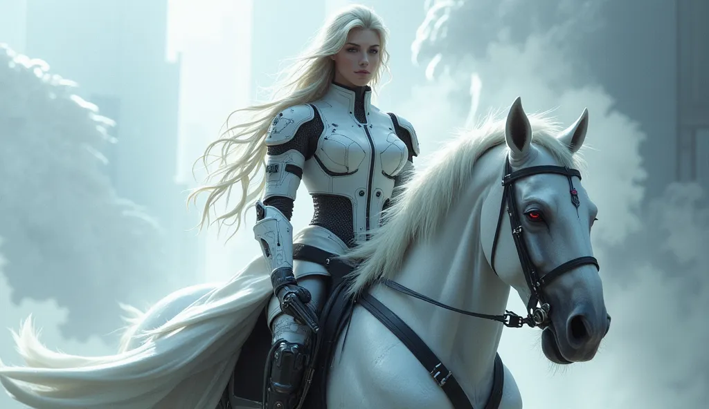 a semi robotic female knight riding a white mechanical horse with flowing long hair and holding a handgun is a future police off...