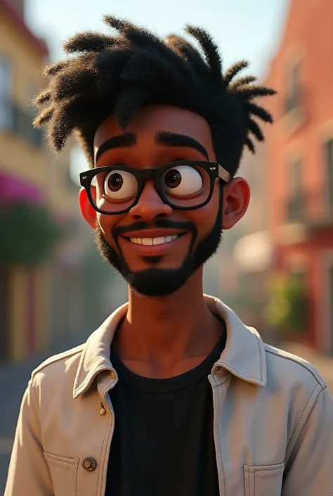 Fait un personnage pixar il a 24 ans la peau foncer une barbe cheveux crépi noirs chemises noir blanche lunette photo chronique 