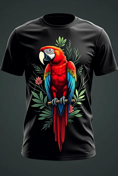 Now create an interclass shirt of a macaw with the symbol of a 2D pine tree and the shirt is black in color