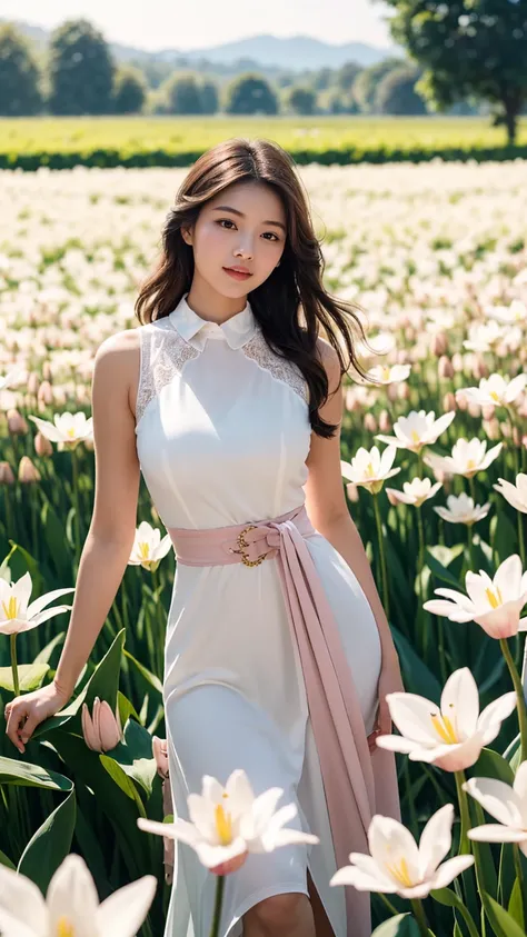 "A beautiful young woman with long, flowing brown hair wearing a pastel pink sleeveless dress with a lace collar and a ribbon belt, similar to the one in the reference image. She is standing gracefully in the middle of a vast lily field, surrounded by bloo...